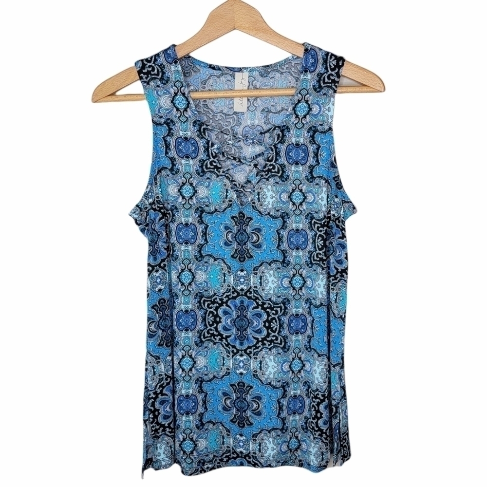 Allison Joy Blue Boho Print Criss Cross Front Tank Top Size Medium